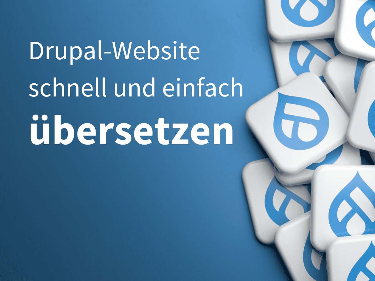 Blau-weißes Logo von Drupal mit Überschrift 