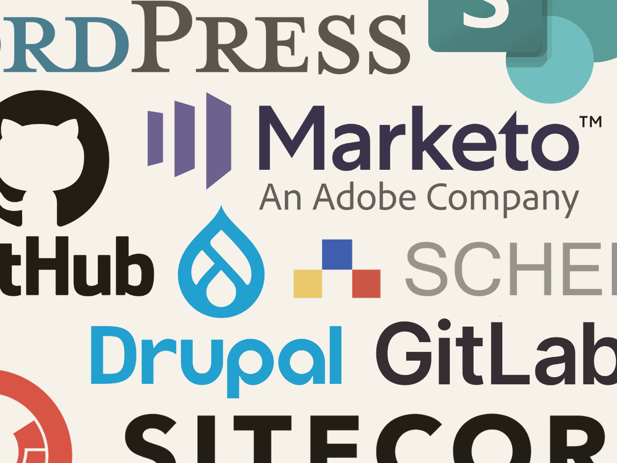 Überlagerte Logos von GitHub, GitLab, Marketo, MS Sharepoint, SITECORE, Drupal, Schema ST4 und WordPress